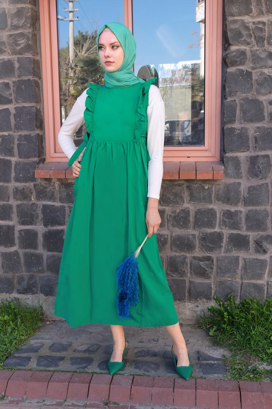 Tesettür giyim YEŞİL FIRFIRLI BAĞLAMA DETAYLI JİLE ELBİSE T 4130