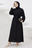Tesettür giyim SİYAH MANŞETLERİ LASTİKLİ KUŞAKLI ELBİSE T 424-1
