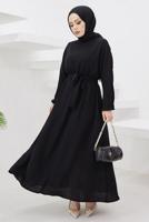 Tesettür giyim SİYAH MANŞETLERİ LASTİKLİ KUŞAKLI ELBİSE T 424-1