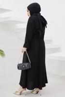 Tesettür giyim SİYAH MANŞETLERİ LASTİKLİ KUŞAKLI ELBİSE T 424-1