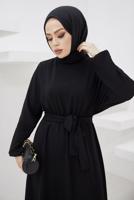 Tesettür giyim SİYAH MANŞETLERİ LASTİKLİ KUŞAKLI ELBİSE T 424-1