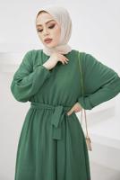 Tesettür giyim YEŞİL MANŞETLERİ LASTİKLİ KUŞAKLI ELBİSE T 424-1