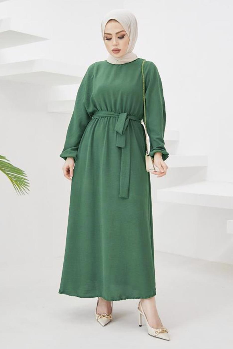 Tesettür giyim YEŞİL MANŞETLERİ LASTİKLİ KUŞAKLI ELBİSE T 424-1