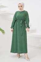 Tesettür giyim YEŞİL MANŞETLERİ LASTİKLİ KUŞAKLI ELBİSE T 424-1