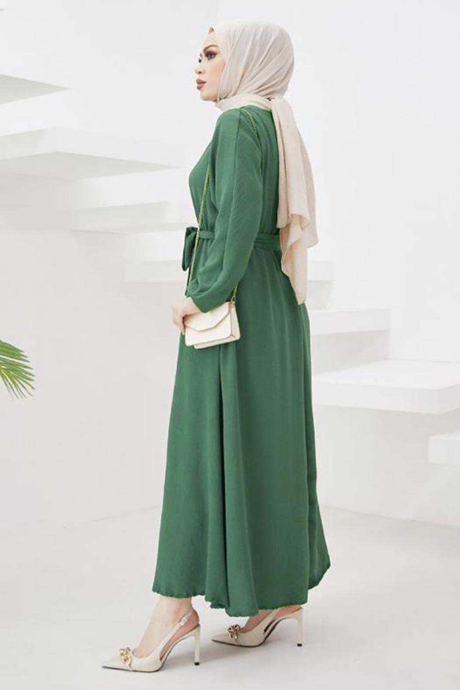 Tesettür giyim YEŞİL MANŞETLERİ LASTİKLİ KUŞAKLI ELBİSE T 424-1