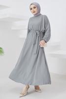 Tesettür giyim GRİ MANŞETLERİ LASTİKLİ KUŞAKLI ELBİSE T 424-1
