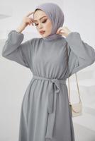 Tesettür giyim GRİ MANŞETLERİ LASTİKLİ KUŞAKLI ELBİSE T 424-1