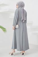 Tesettür giyim GRİ MANŞETLERİ LASTİKLİ KUŞAKLI ELBİSE T 424-1