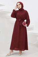 Tesettür giyim BORDO MANŞETLERİ LASTİKLİ KUŞAKLI ELBİSE T 424-1