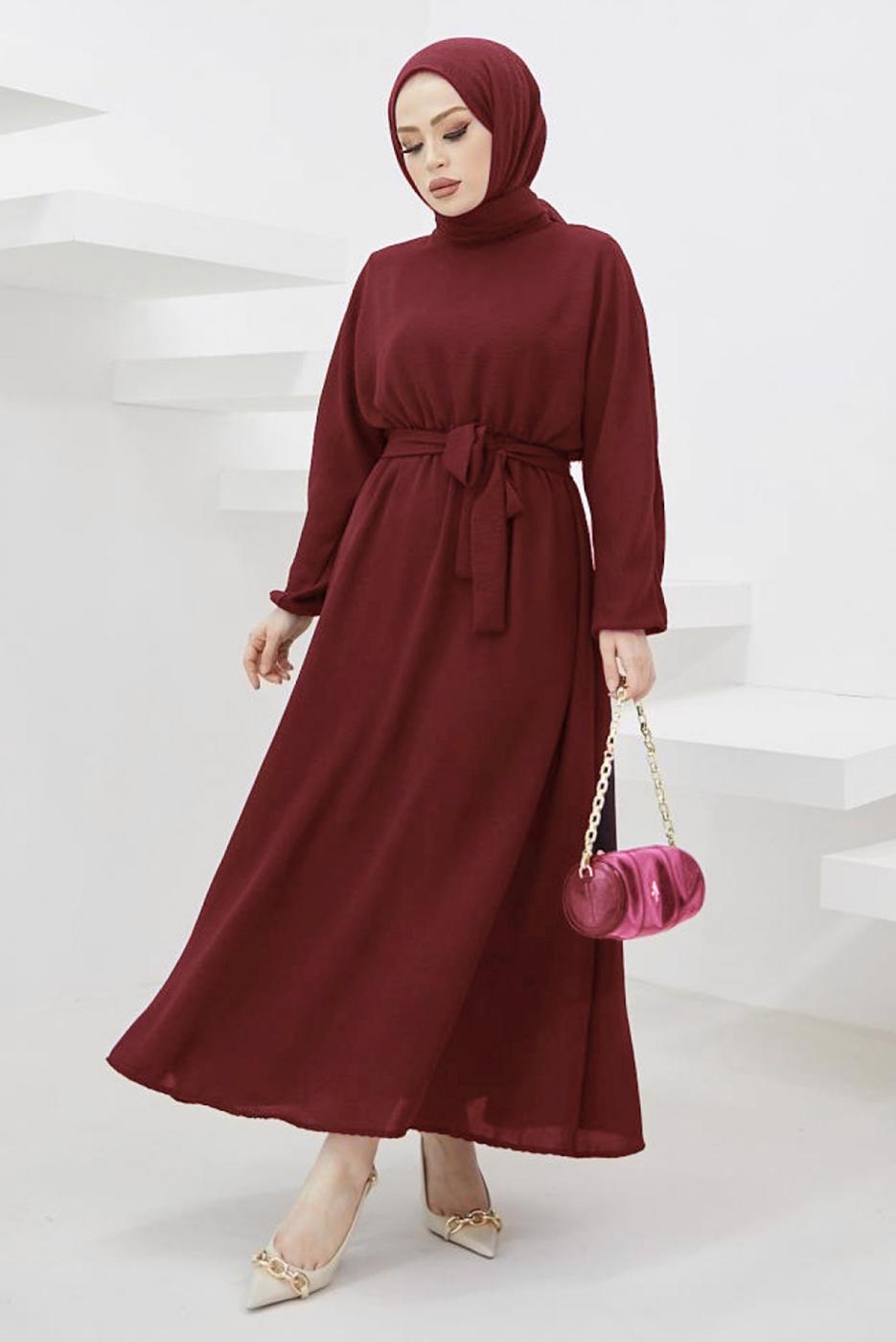 Tesettür giyim BORDO MANŞETLERİ LASTİKLİ KUŞAKLI ELBİSE T 424-1