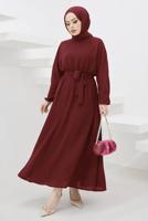 Tesettür giyim BORDO MANŞETLERİ LASTİKLİ KUŞAKLI ELBİSE T 424-1