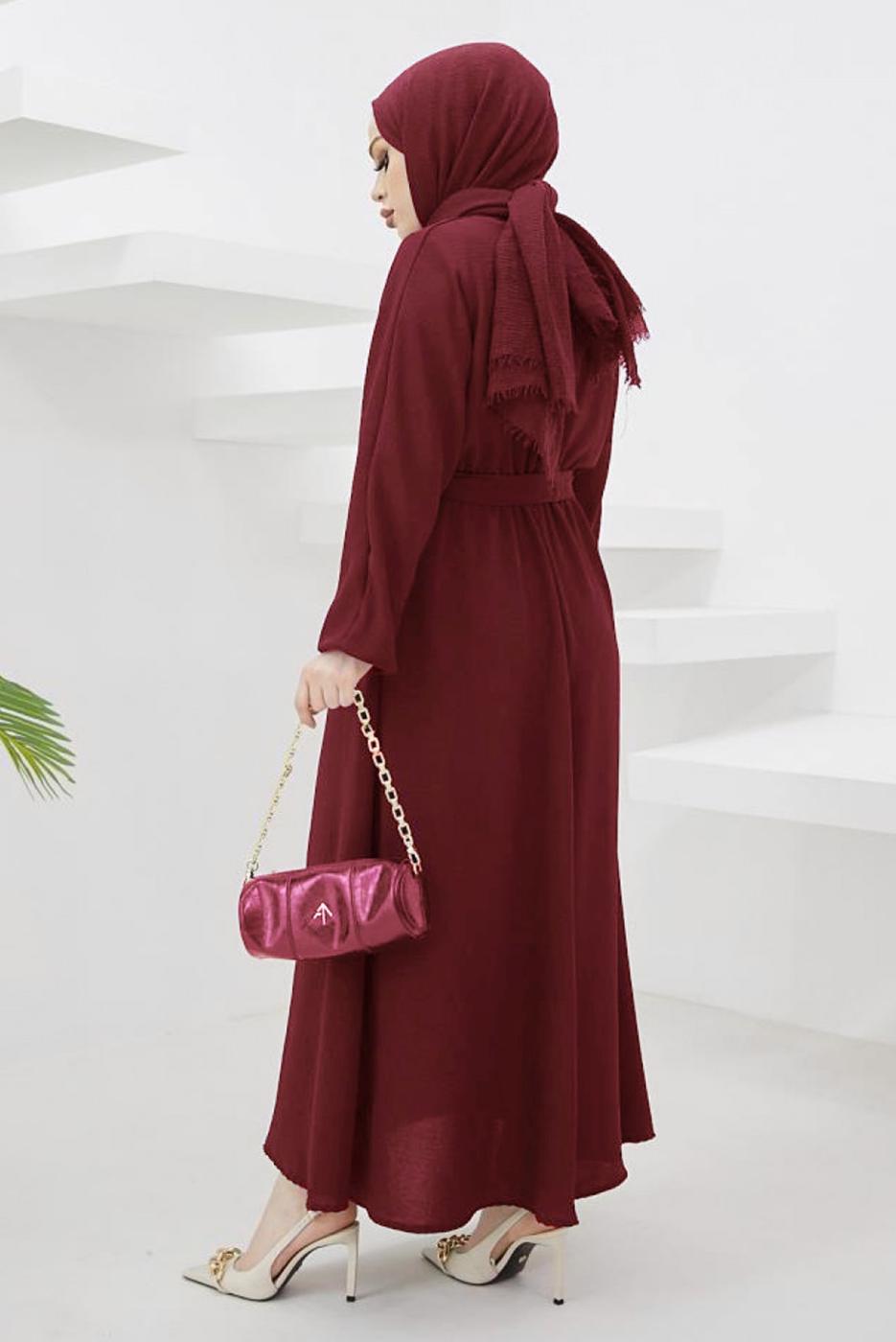 Tesettür giyim BORDO MANŞETLERİ LASTİKLİ KUŞAKLI ELBİSE T 424-1