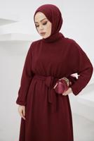 Tesettür giyim BORDO MANŞETLERİ LASTİKLİ KUŞAKLI ELBİSE T 424-1