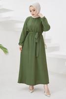 Tesettür giyim HAKİ MANŞETLERİ LASTİKLİ KUŞAKLI ELBİSE T 424-1