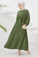 Tesettür giyim HAKİ MANŞETLERİ LASTİKLİ KUŞAKLI ELBİSE T 424-1