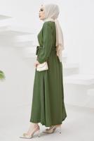 Tesettür giyim HAKİ MANŞETLERİ LASTİKLİ KUŞAKLI ELBİSE T 424-1