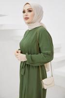 Tesettür giyim HAKİ MANŞETLERİ LASTİKLİ KUŞAKLI ELBİSE T 424-1