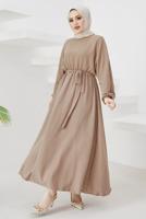 Tesettür giyim VİZON MANŞETLERİ LASTİKLİ KUŞAKLI ELBİSE T 424-1