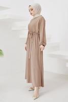 Tesettür giyim VİZON MANŞETLERİ LASTİKLİ KUŞAKLI ELBİSE T 424-1