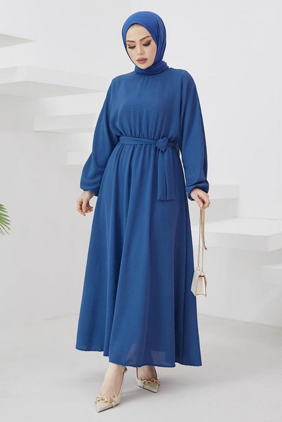 Tesettür giyim LACİVERT MANŞETLERİ LASTİKLİ KUŞAKLI ELBİSE T 424-1