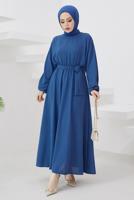 Tesettür giyim LACİVERT MANŞETLERİ LASTİKLİ KUŞAKLI ELBİSE T 424-1