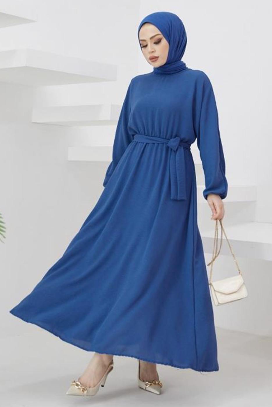 Tesettür giyim LACİVERT MANŞETLERİ LASTİKLİ KUŞAKLI ELBİSE T 424-1