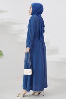 Tesettür giyim LACİVERT MANŞETLERİ LASTİKLİ KUŞAKLI ELBİSE T 424-1