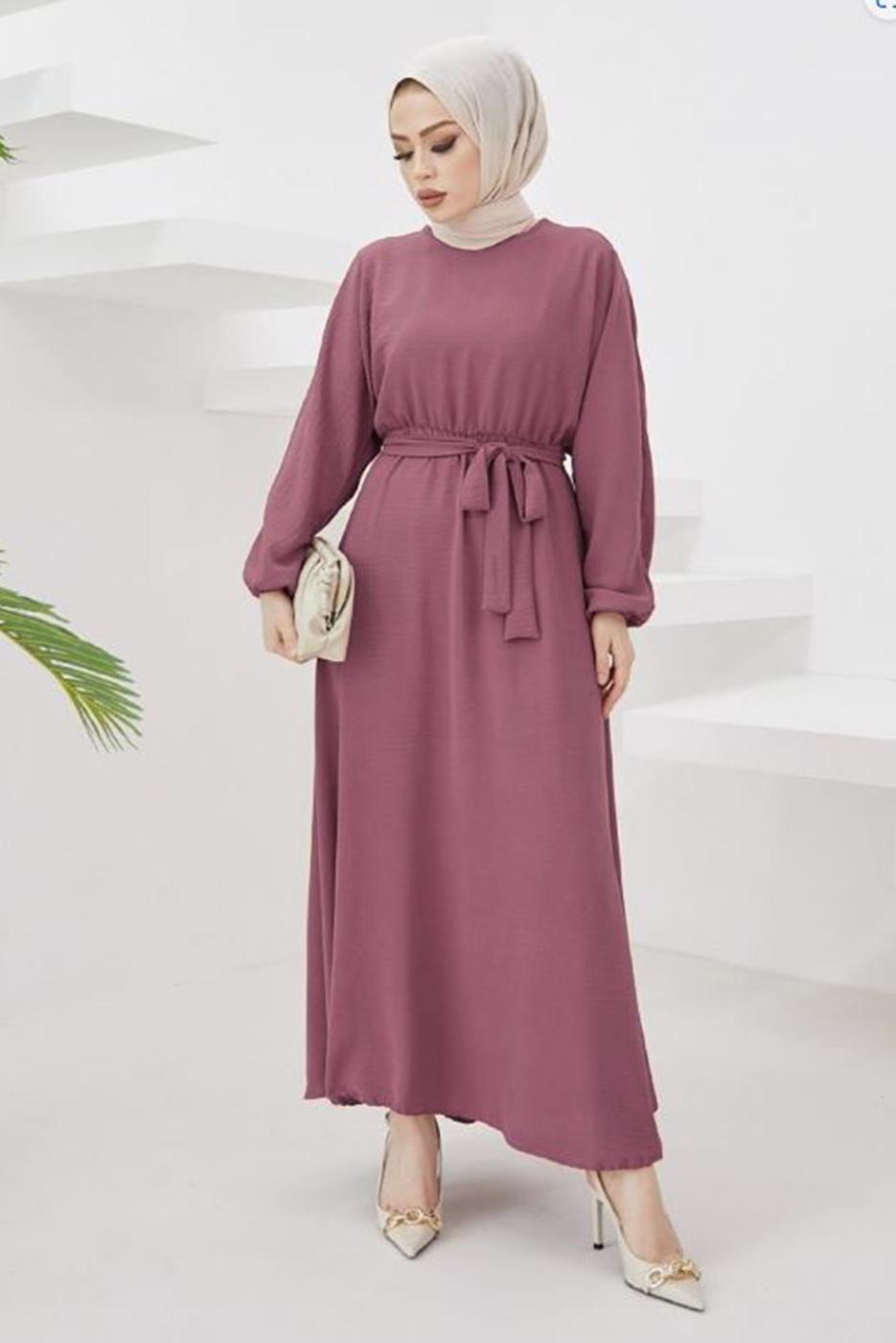 Tesettür giyim PEMBE MANŞETLERİ LASTİKLİ KUŞAKLI ELBİSE T 424-1