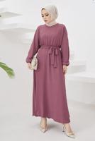 Tesettür giyim PEMBE MANŞETLERİ LASTİKLİ KUŞAKLI ELBİSE T 424-1