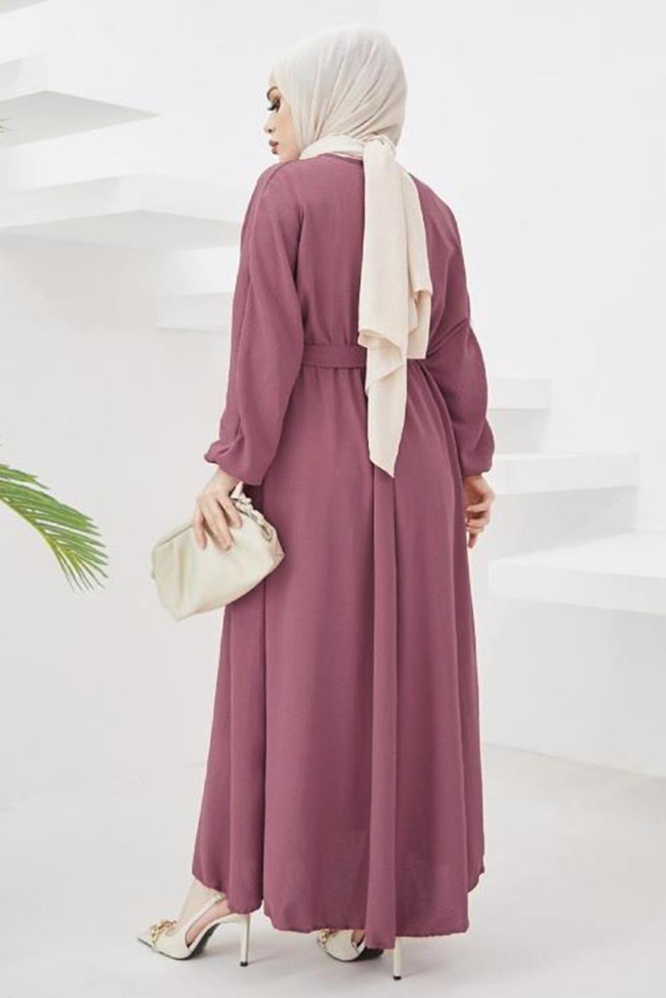 Tesettür giyim PEMBE MANŞETLERİ LASTİKLİ KUŞAKLI ELBİSE T 424-1
