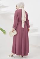 Tesettür giyim PEMBE MANŞETLERİ LASTİKLİ KUŞAKLI ELBİSE T 424-1