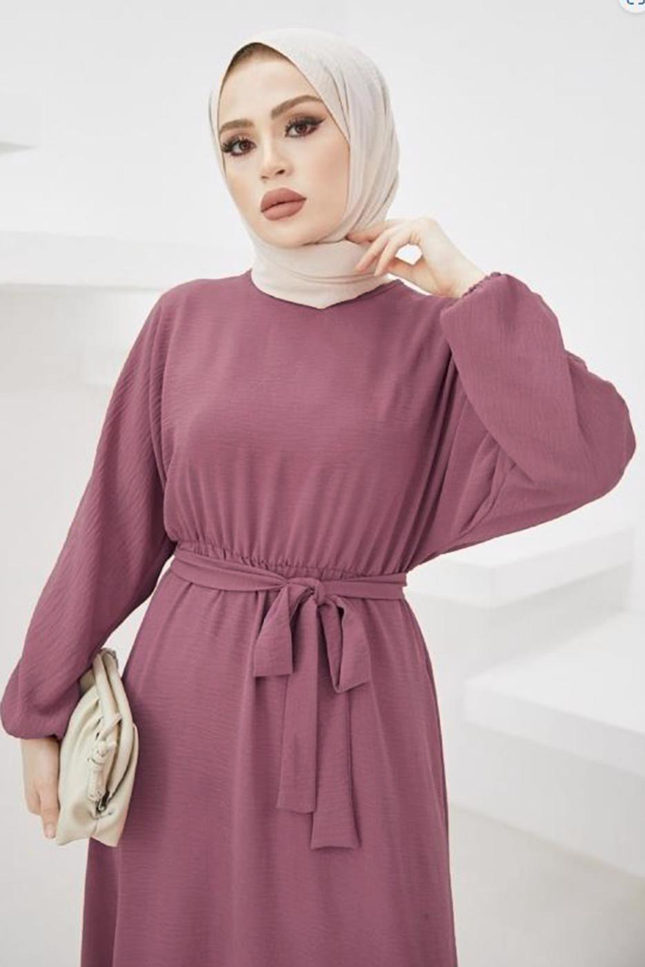 Tesettür giyim PEMBE MANŞETLERİ LASTİKLİ KUŞAKLI ELBİSE T 424-1
