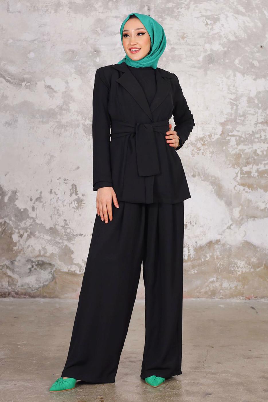 Tesettür giyim SİYAH PİLİSE DETAYLI CEKETLİ TULUMLU TAKIM T 44006