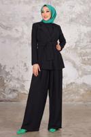 Tesettür giyim SİYAH PİLİSE DETAYLI CEKETLİ TULUMLU TAKIM T 44006