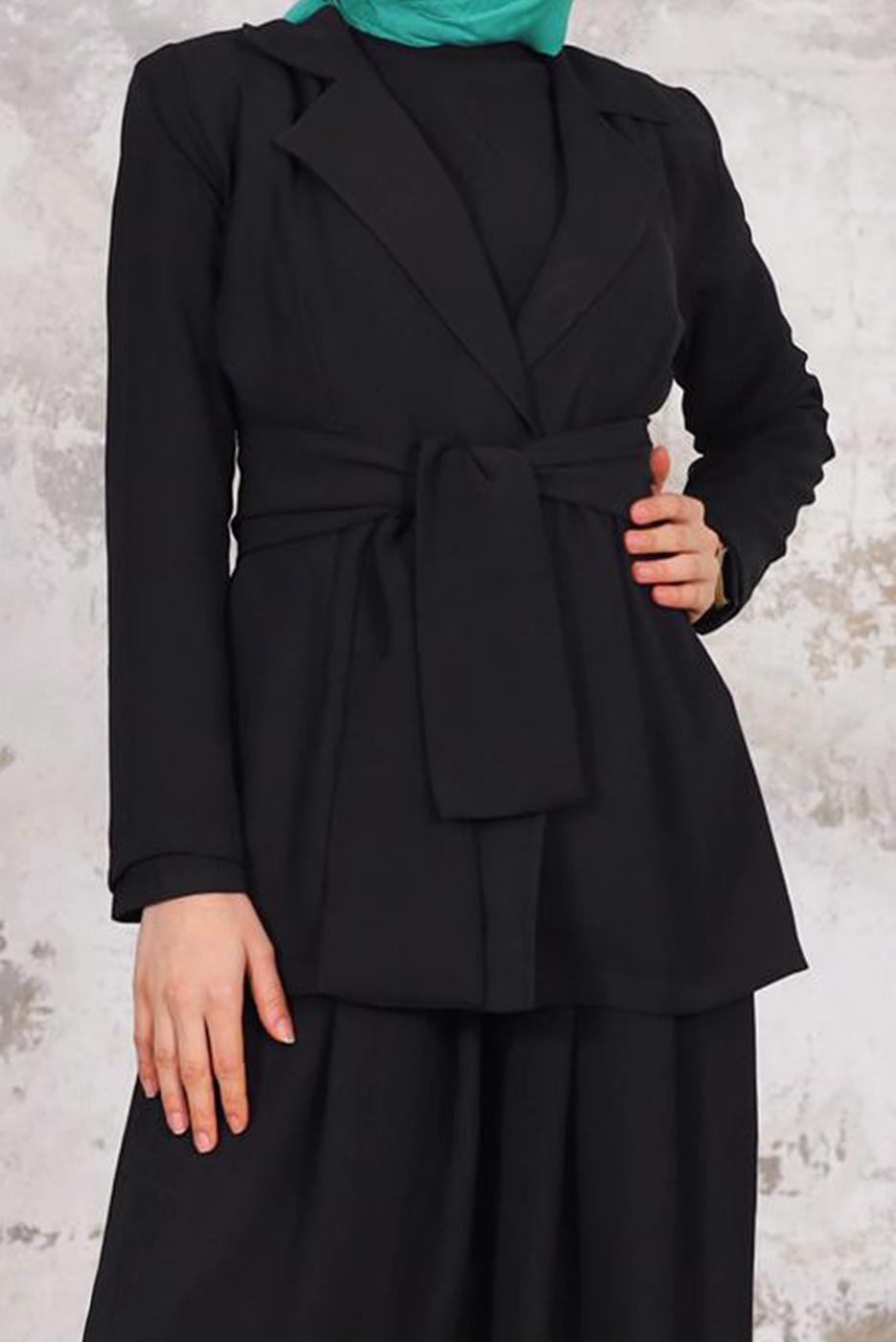 Tesettür giyim SİYAH PİLİSE DETAYLI CEKETLİ TULUMLU TAKIM T 44006