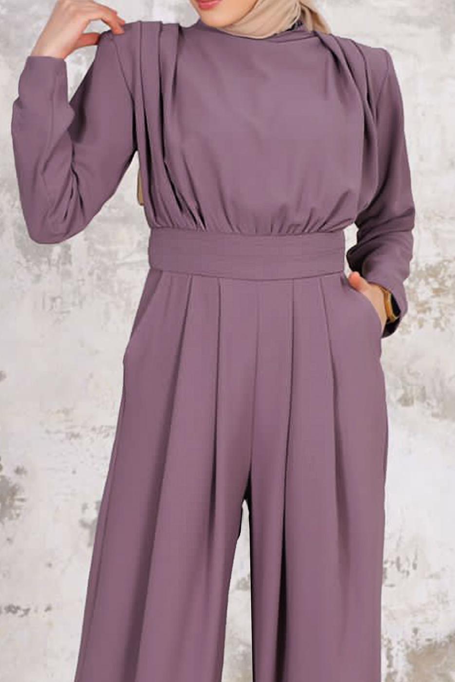 Tesettür giyim MOR PİLİSE DETAYLI CEKETLİ TULUMLU TAKIM T 44006