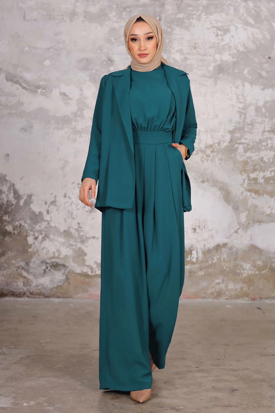 Tesettür giyim MAVİ PİLİSE DETAYLI CEKETLİ TULUMLU TAKIM T 44006