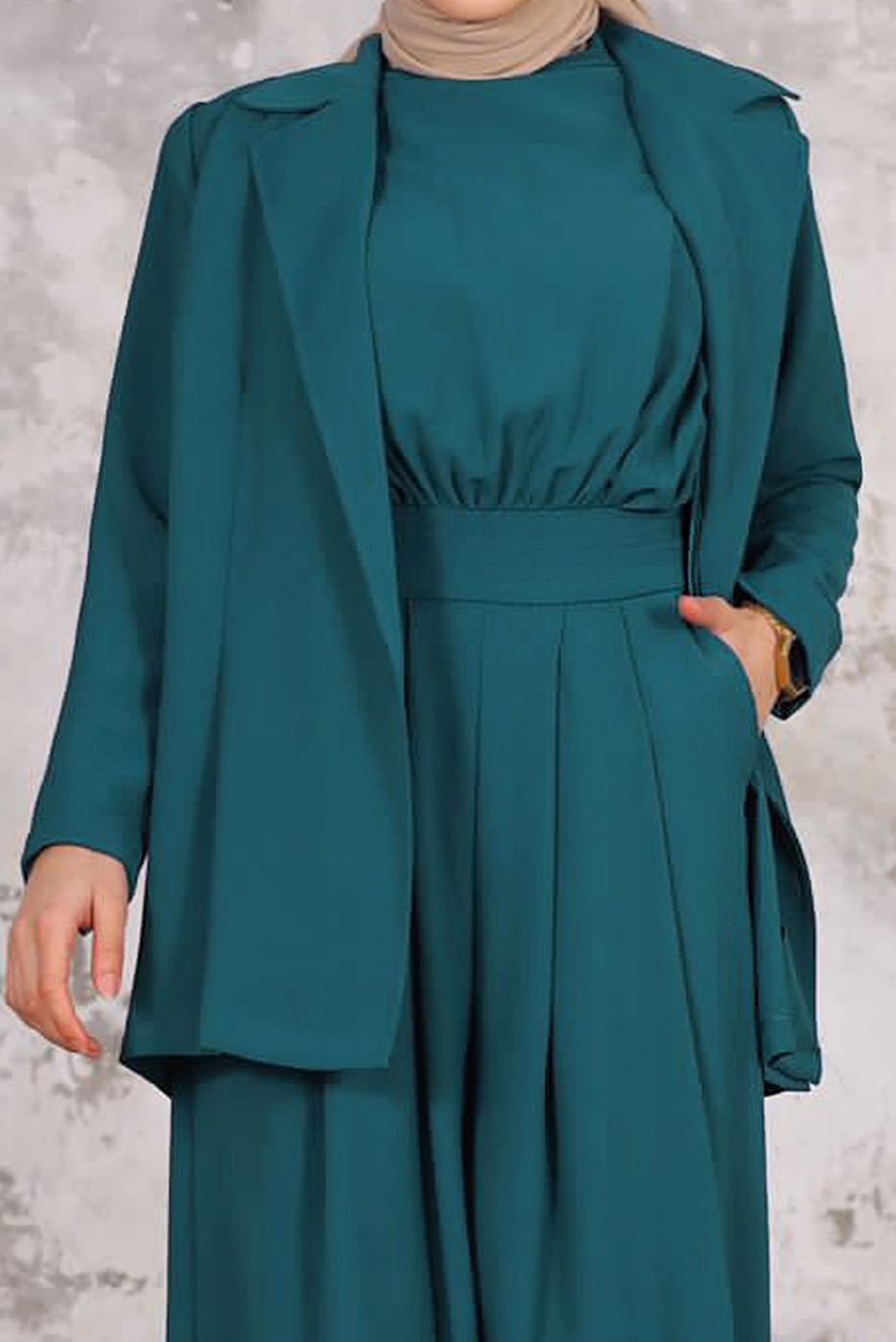 Tesettür giyim MAVİ PİLİSE DETAYLI CEKETLİ TULUMLU TAKIM T 44006