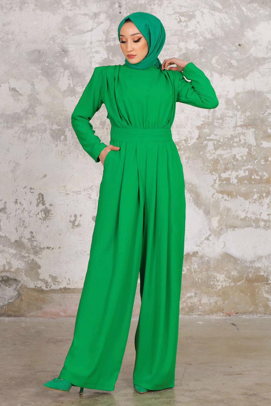 Tesettür giyim YEŞİL PİLİSE DETAYLI CEKETLİ TULUMLU TAKIM T 44006