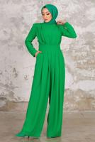 Tesettür giyim YEŞİL PİLİSE DETAYLI CEKETLİ TULUMLU TAKIM T 44006