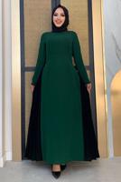 Tesettür giyim YEŞİL İKİ RENKLİ PİLİSE DETAYLI ELBİSE T 4463