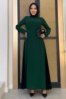 Tesettür giyim YEŞİL İKİ RENKLİ PİLİSE DETAYLI ELBİSE T 4463