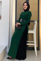 Tesettür giyim YEŞİL İKİ RENKLİ PİLİSE DETAYLI ELBİSE T 4463
