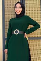Tesettür giyim YEŞİL İKİ RENKLİ PİLİSE DETAYLI ELBİSE T 4463