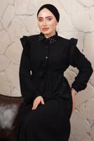 Tesettür giyim SİYAH YAKASI TAŞLI KOLLARI FIRFIR DETAYLI ELBİSE T 4503