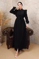 Tesettür giyim SİYAH YAKASI TAŞLI KOLLARI FIRFIR DETAYLI ELBİSE T 4503