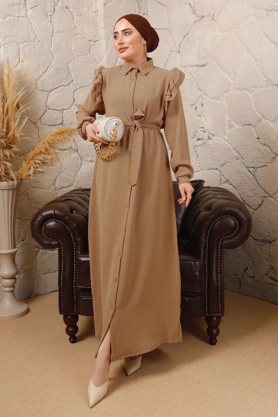 Tesettür giyim KAHVE YAKASI TAŞLI KOLLARI FIRFIR DETAYLI ELBİSE T 4503