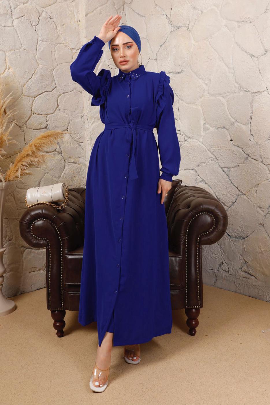 Tesettür giyim LACİVERT YAKASI TAŞLI KOLLARI FIRFIR DETAYLI ELBİSE T 4503