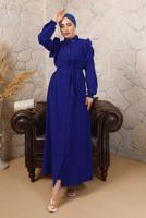 Tesettür giyim LACİVERT YAKASI TAŞLI KOLLARI FIRFIR DETAYLI ELBİSE T 4503