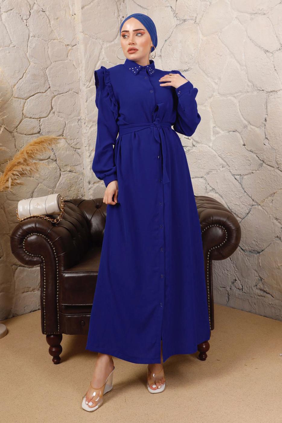 Tesettür giyim LACİVERT YAKASI TAŞLI KOLLARI FIRFIR DETAYLI ELBİSE T 4503